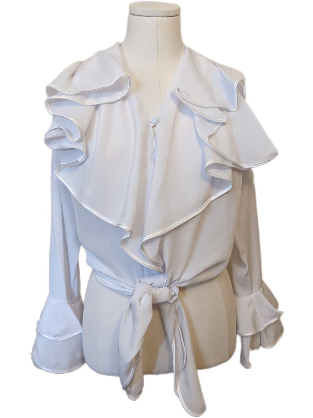 Vintage 70s White Ruffle Blouse Tie Front Elegant Poet Pirate Top Victorian XL